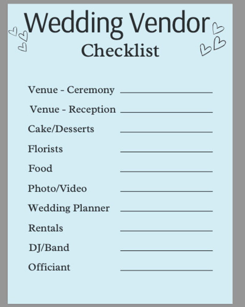 Wedding Vendor Checklist Etsy