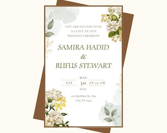Emerald Green & Gold Wedding Invitation: Botanical Leaves (Editable Canva Template)