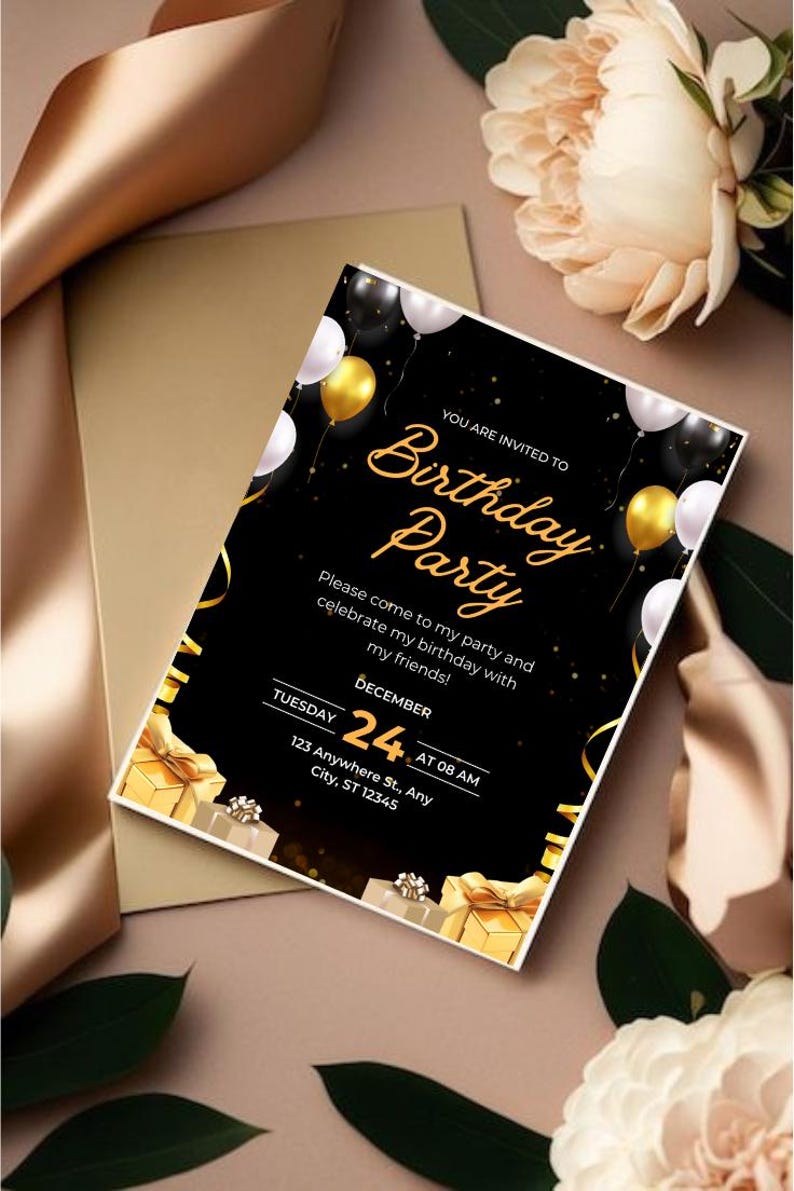Black and Gold Birthday Party Invitation: Editable Canva Template ...