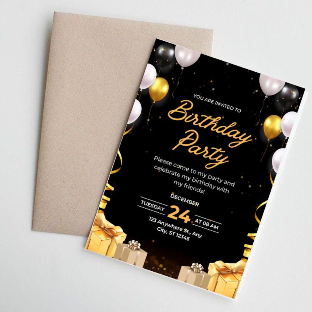Black and Gold Birthday Party Invitation: Editable Canva Template ...