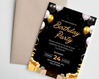 Black and Gold Birthday Party Invitation: Editable Canva Template (Digital)
