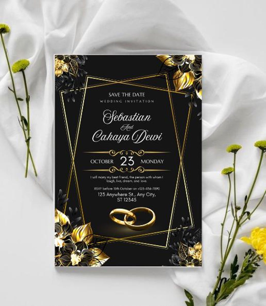 Black and Gold Wedding Invitation: Editable Template (digital Download ...