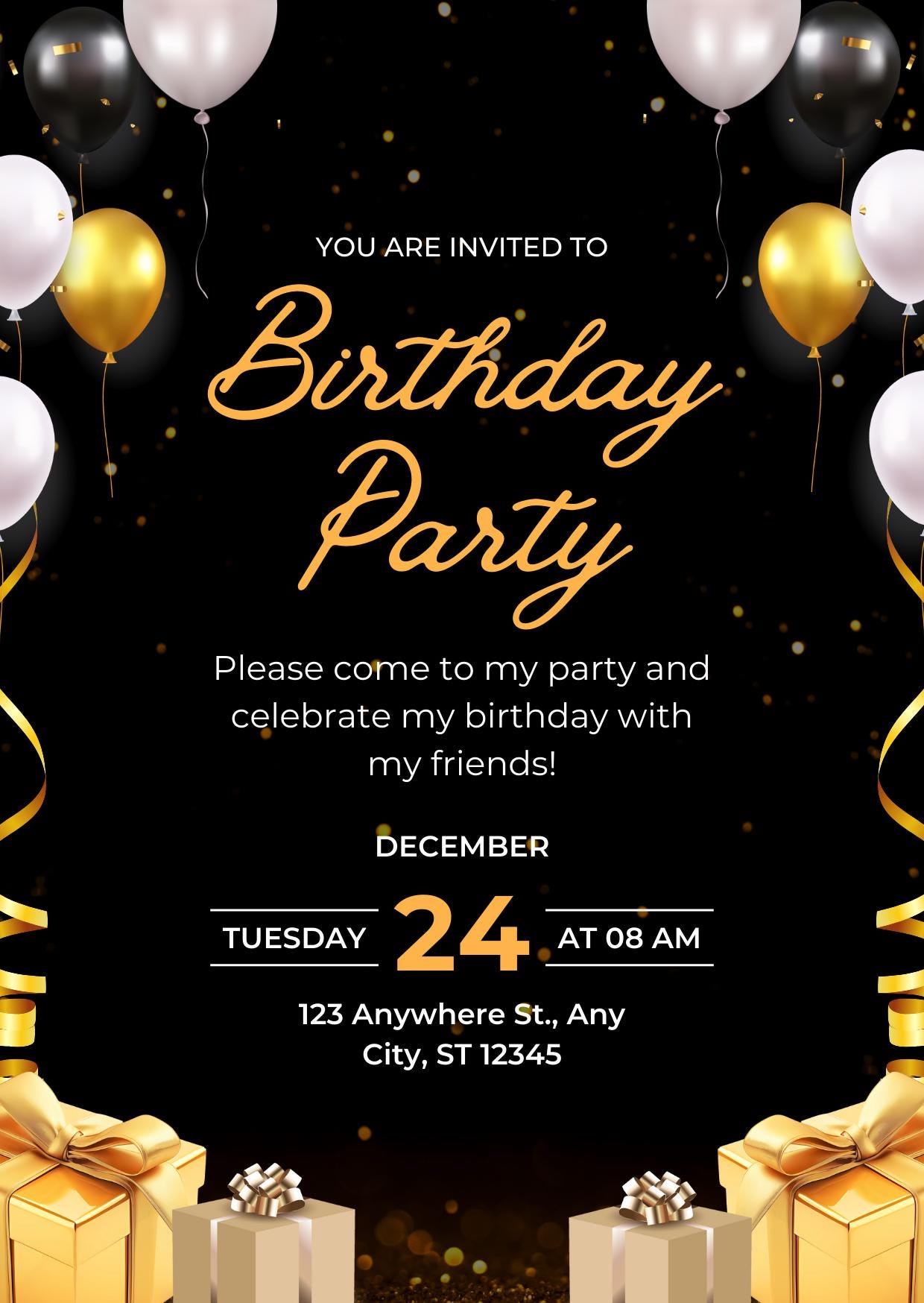 Black and Gold Birthday Party Invitation: Editable Canva Template ...