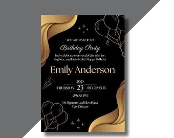 Editable Black and Gold Birthday Invitation, Let's Party Gold Balloons Invite, Printable