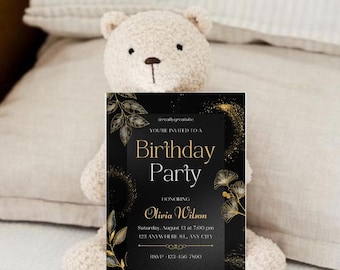 Black & Gold Birthday Invitation Template: Electronic Text Invite (Digital Download)