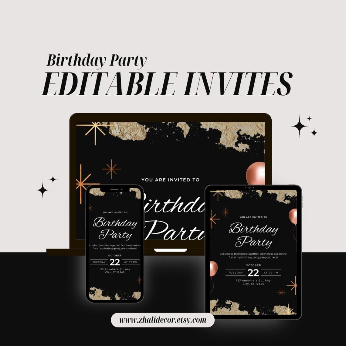 Black Modern Birthday Party Virtual Invitation | Stylish Digital Invite ...