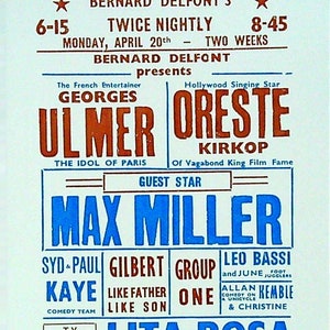 Puede incluir: Un cartel vintage que anuncia un espectáculo en el Palace Theatre. El espectáculo presenta al artista francés Georges Ulmer, la estrella del canto de Hollywood Oreste Kirkop, la estrella invitada Max Miller, Syd & Paul Kaye, Gilbert Group, Leo Bassi y June, Allan Kemble y Christine, y Lita Rosa. El espectáculo se presenta dos veces por noche a partir del lunes 20 de abril durante dos semanas.