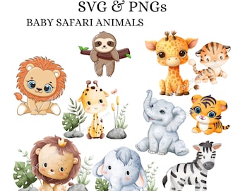 Elephant, giraffe, clipart,Safari Baby Animals Watercolor Clipart - Cute Baby Shower Nursery Decor- Birthday Baby Sloth, Tiger,Lion  Zebra