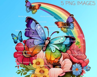 Rainbow Butterfly and Flowers Clipart, butterfly clipart, butterfly png, Watercolor butterfly, rainbow clipart, rainbow png, floral clipart