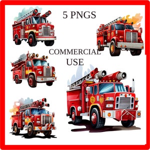 Fire Truck Clipart  5 Transparent Pngs, Sublimation Bundle, Digital Paper Craft, Crafting Bundle, Fire Truck Watercolor ,Commercial use