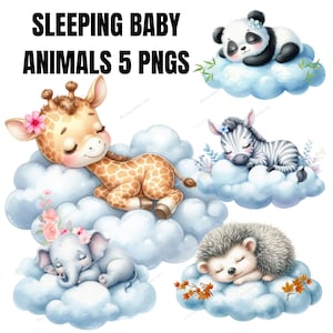 Clipart de baby shower de género neutro, clipart de animales bebés durmiendo, clipart de guardería, jirafa bebé PNG, nubes, clipart de bebé bohemio, elefante