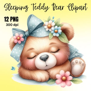Aquarelle dort ours en peluche clipart, 12 PNG printemps ours en peluche clipart, clipart bleu ours en peluche, ours en peluche rose PNG, usage Commercial
