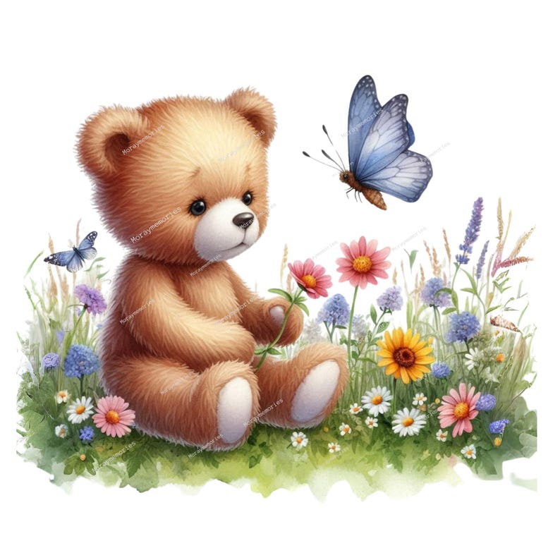 K&ouml;nnte beinhalten: Ein brauner Teddyb&auml;r sitzt in einem Blumenfeld mit einem blauen Schmetterling, der dar&uuml;ber fliegt. Der Teddyb&auml;r h&auml;lt eine rosa Blume in seiner Pfote.
