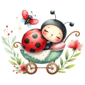 以下が含まれることがあります： ヴィンテージスタイルのベビーカーで眠っているてんとう虫のキャラクターの気まぐれなイラスト。 てんとう虫は黒い水玉模様の赤色で、ベビーカーはミントグリーンです。 赤と黒の蝶が近くに浮かんでおり、花のアクセントがあります。
