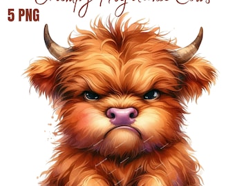 Funny Grumpy Highland Cows Clipart, High Quality Transparent PNGs, Instant Download, Commercial Use - Cartoon Pet prints, Funny Animals png
