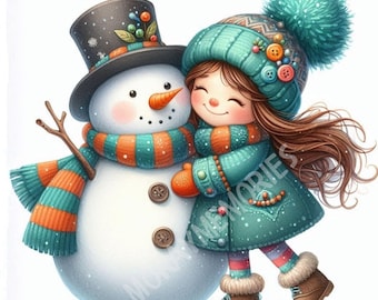 Imágenes prediseñadas JPG de una niña peculiar y un muñeco de nieve / 10 imágenes JPG en acuarela de alta resolución / Descarga digital de invierno para diarios creativos, álbumes de recortes y creación de tarjetas.