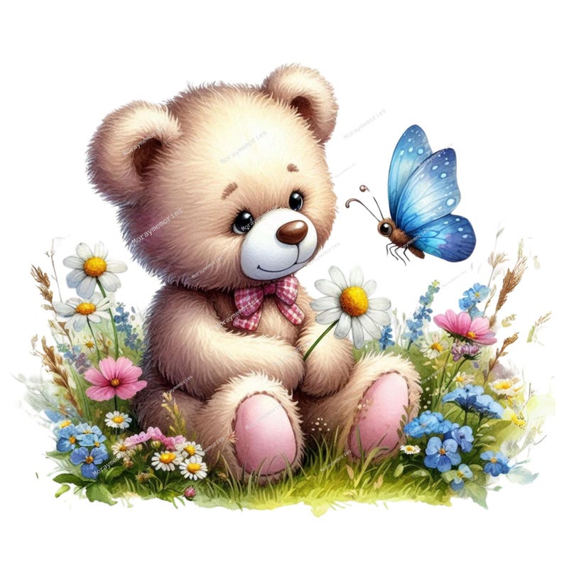 K&ouml;nnte beinhalten: Ein brauner Teddyb&auml;r mit einer rosa Schleife sitzt in einem Blumenfeld. Ein blauer Schmetterling mit schwarzen Markierungen fliegt &uuml;ber den Blumen.