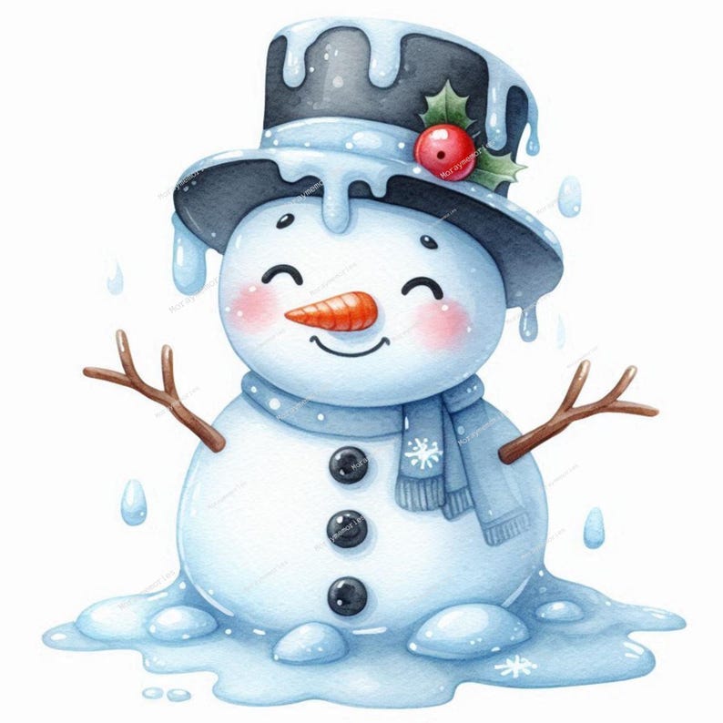 Funny Melting Snowman Clipart, High Quality PNGs, Cute Snowman png,Digital Planner,Watercolor, Card Making,Journaling,Digital Download image 5