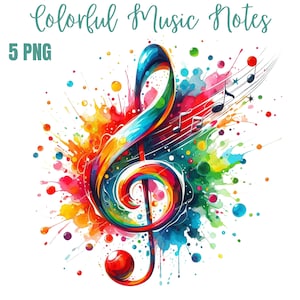 Notes de musique PNG, Clipart de notes de musique, lot de notes de musique, Clipart de notes de musique coloré, aquarelle, téléchargement numérique