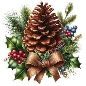 May include: A detailed illustration of a pine cone, surrounded by green pine needles, holly leaves, red berries, and blue berries. A brown burlap bow is at the bottom. The text "MORAY MEMORIES" is visible.