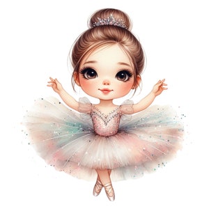 Op de afbeelding: Waterverfillustratie van een jonge ballerina met bruin haar in een knot, gekleed in een roze en witte tutu, een met juwelen bezette tiara en balletschoenen. Haar armen zijn sierlijk uitgestrekt en de afbeelding heeft een zachte, dromerige uitstraling.