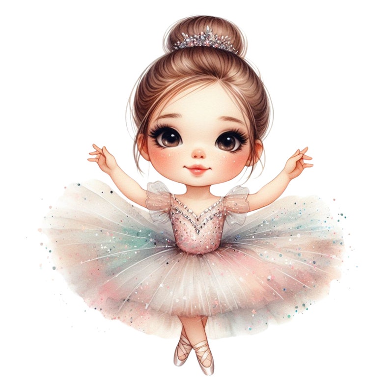 Op de afbeelding: Waterverfillustratie van een jonge ballerina met bruin haar in een knot, gekleed in een roze en witte tutu, een met juwelen bezette tiara en balletschoenen. Haar armen zijn sierlijk uitgestrekt en de afbeelding heeft een zachte, dromerige uitstraling.