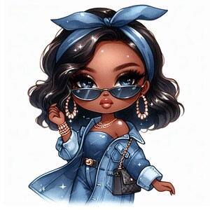 K&ouml;nnte beinhalten: Eine Cartoon-Illustration einer jungen Frau mit dunkelbraunen Haaren, die eine blaue Jeansjacke, ein blaues Jeans-Oberteil, ein blaues Bandana, eine Sonnenbrille und goldenen Schmuck tr&auml;gt. Sie tr&auml;gt eine schwarze Handtasche mit einer goldenen Kette.