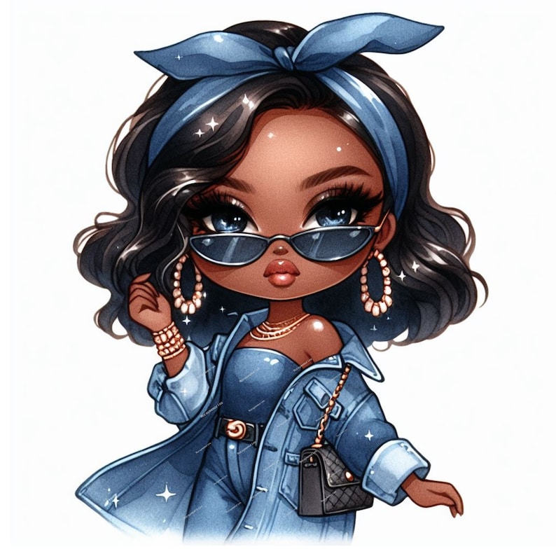K&ouml;nnte beinhalten: Eine Cartoon-Illustration einer jungen Frau mit dunkelbraunen Haaren, die eine blaue Jeansjacke, ein blaues Jeans-Oberteil, ein blaues Bandana, eine Sonnenbrille und goldenen Schmuck tr&auml;gt. Sie tr&auml;gt eine schwarze Handtasche mit einer goldenen Kette.