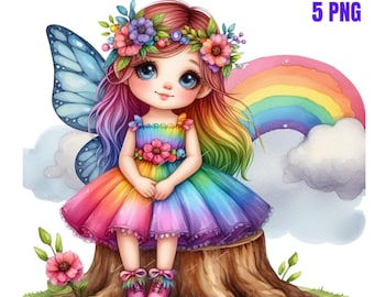 Rainbow Fairy Clipart PNG bundle, Spring Forest Fairy Clipart, Watercolor cute rainbow fairies clipart, Free commercial use