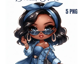 10 schwarze Mädchen-Clipart-Set - Chibi Afro Girl PNG, süße Illustrationen für schwarze Mädchen, Denim Outfit Clipart, Sublimation und kommerzielle Nutzung