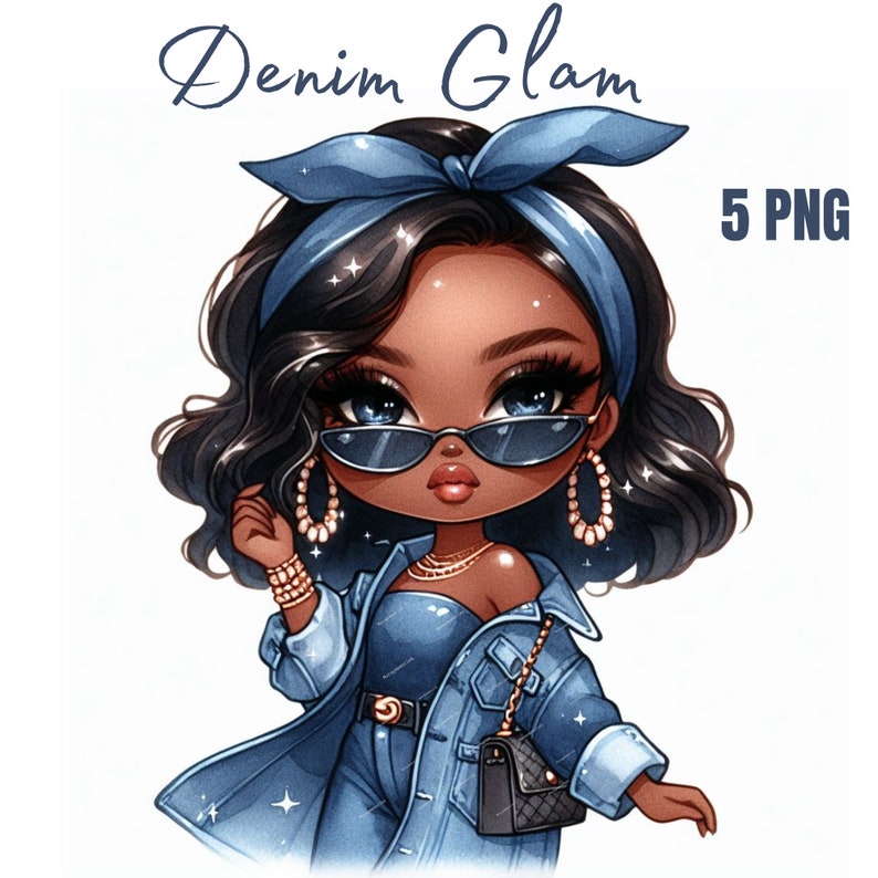 K&ouml;nnte beinhalten: Eine Cartoon-Illustration einer jungen Frau mit dunkelbraunen Haaren, die eine blaue Jeansjacke, blaue Jeans, ein blaues Bandana und eine Sonnenbrille tr&auml;gt. Sie h&auml;lt eine schwarze Handtasche mit einer goldenen Kette.