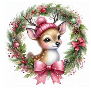 Weihnachten Kokette Rentier, hochwertige PNGs, rosa Weihnachten png, digitaler Planer, Aquarell, Kartenherstellung, Journaling, digitaler Download