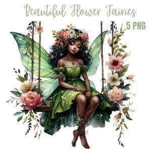 Black Fairy Girl Clipart, Watercolor Black Fairy Girl PNG, Flower Fairy Melanin Cliparts,Fairy clipart,Fantasy PNG, FairyTale Cliparts