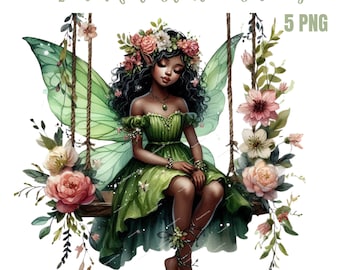 Svart älvflicka Clipart, akvarell svart älvflicka PNG, blomsterälvmelanin Clipart, älvclipart, fantasi PNG, sagoclipart
