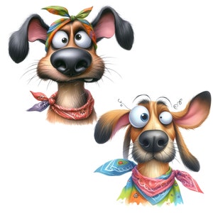 May include: Two cartoon dogs with big eyes and bandanas. The dog on the top has a black and brown coat and a colorful bandana. The dog on the bottom has a brown and white coat and a blue, pink, and green bandana.