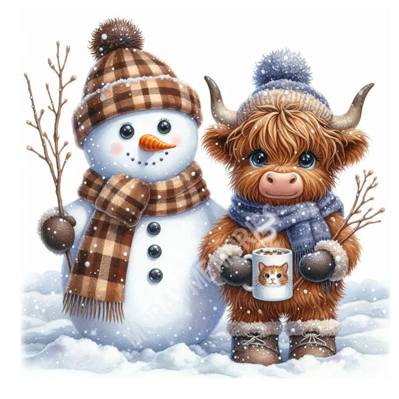 10 Highland Cow & Snowman Clipart, Christmas Winter JPG, Cozy Hot Cocoa ...