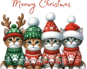 ニャー、クリスマスの猫のPNG画像、面白いクリスマスの猫好きのクリップアート、Tシャツやマグカップ用のかわいいホリデー昇華デザイン、商用利用可