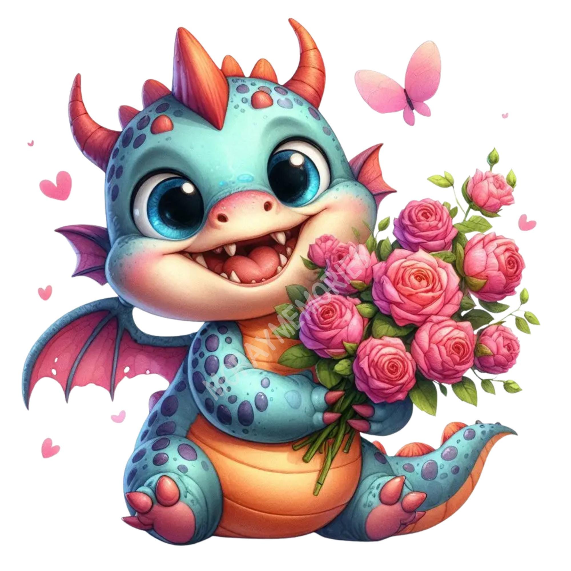 Cute Baby Dragon Valentine PNG – Goofy Cartoon Dragon Holding Pink ...