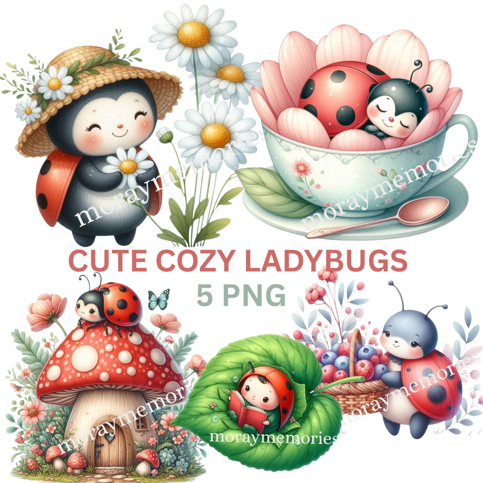 Whimsical Ladybugs Clipart Set – 5 Pngs, Cottagecore Garden ...