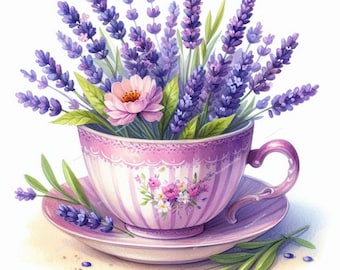 10 Spring Tea Cup Clipart, Floral Tea Party,  Watercolor clipart, High Quality JPGs, Printable Digital download, Paper craft, junk journal
