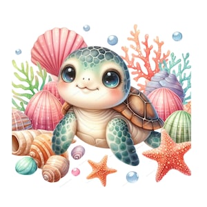 May include: A cute cartoon sea turtle with big eyes and a shell surrounded by seashells, coral, and starfish. The turtle is green, brown, and white. The seashells are pink, purple, and green. The coral is red. The starfish is orange.