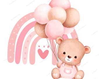 Teddy Bear with Pink Balloons & Rainbow PNG | Baby Shower Bear Clipart | Birthday Bear Balloons | Baby Girl | Digital Instant Download