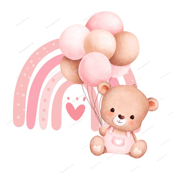 Teddy Bear Pink Balloons & Rainbow PNG, TeddyBear Clipart, Bear Baby Shower, Birthday Bear Balloons, Baby Boy, Instant Digital Download