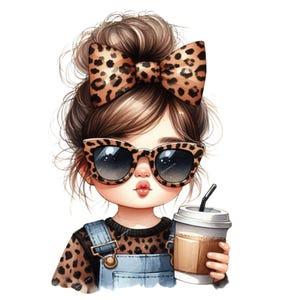 Chica con lazo de leopardo, PNG de alta calidad, PNG de café, planificador digital, acuarela, creación de tarjetas, diario, descarga digital
