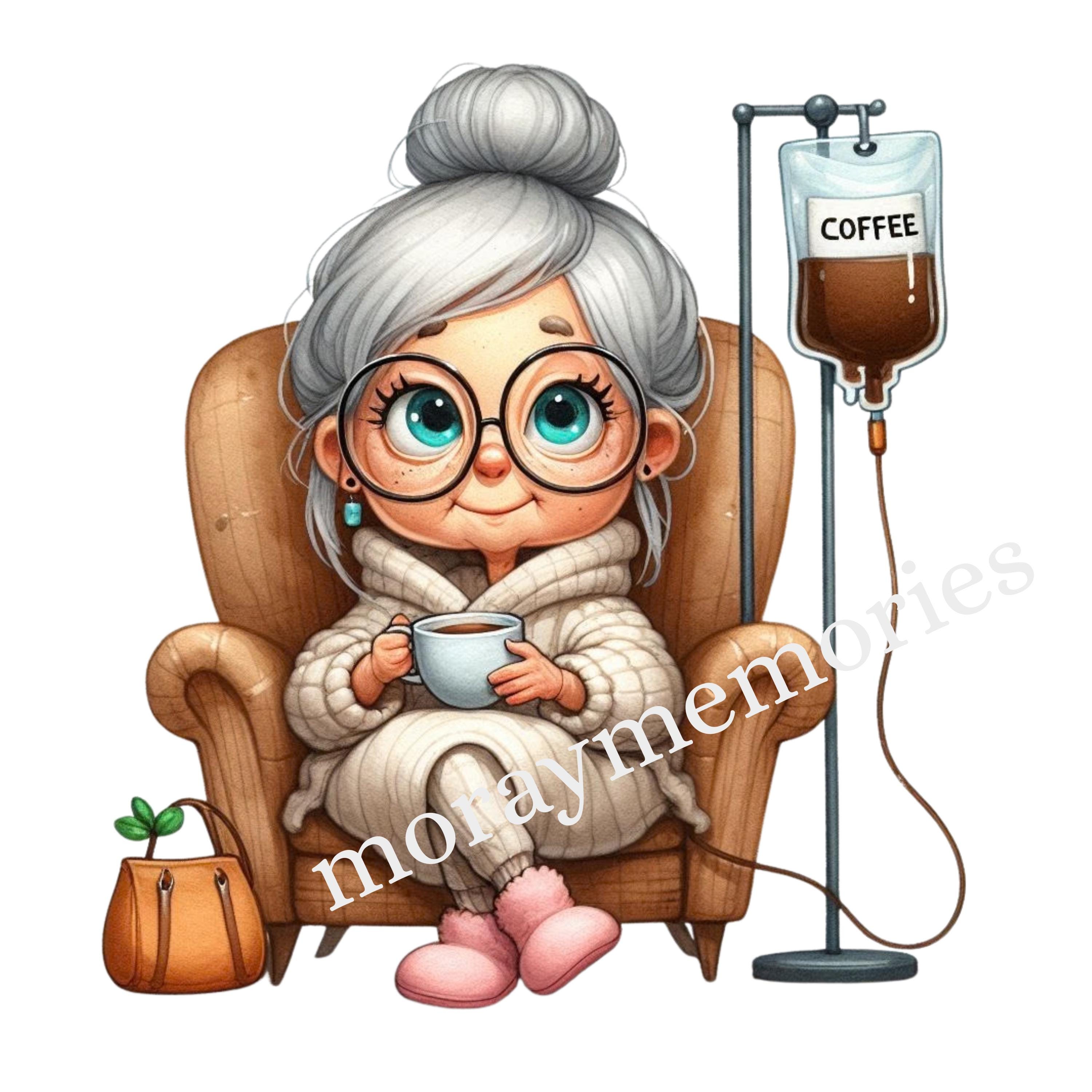 Cozy Coffee Lady Clipart | Funny Older Woman PNG | Cute Granny Coffee ...