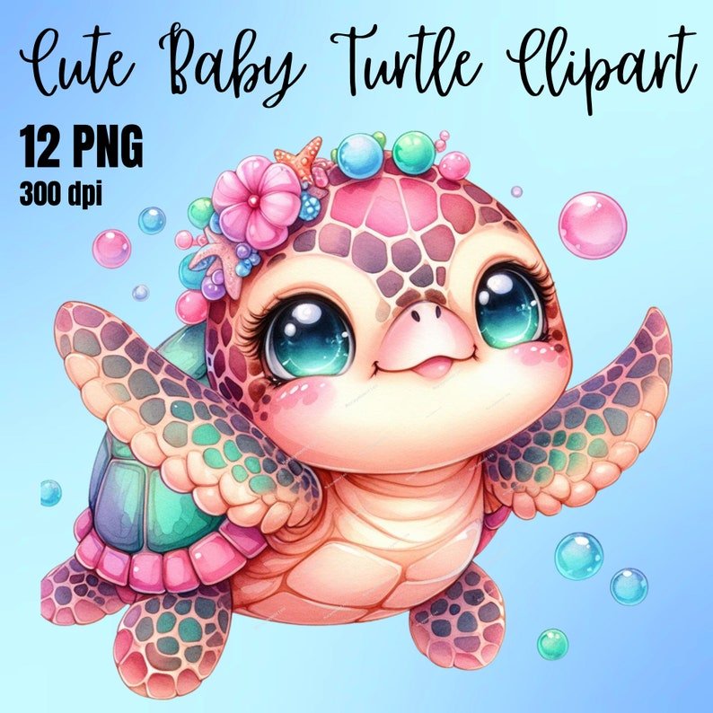 May include: A cute cartoon baby sea turtle with big blue eyes and a pink shell. The turtle is wearing a flower crown and is surrounded by bubbles.