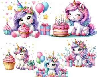 Regenboog Eenhoorn Verjaardag Clipart PNG Bundel | Leuke Magische Eenhoorn Afbeeldingen | Ontwerp voor Meisjes Verjaardagsfeest | Fantastische Digitale Download | Feest