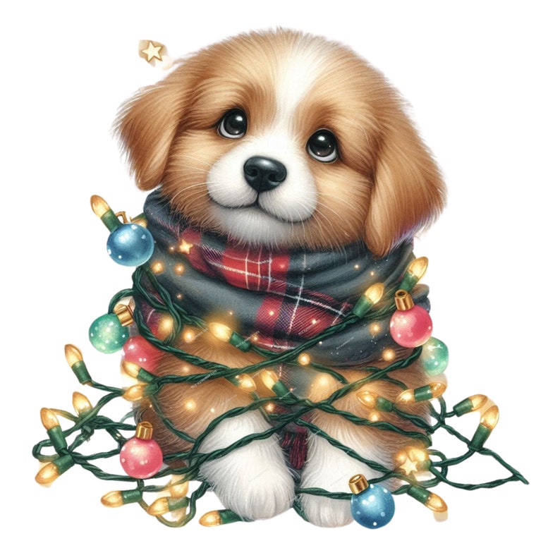 May include: A charming puppy with brown and white fur is adorned with a red and black tartan scarf and Christmas lights. The puppy has large, dark eyes and is looking upwards. The Christmas lights feature small, colourful baubles.