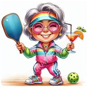 May include: A cartoon illustration of a smiling person in a colourful tracksuit, visor, and sunglasses, holding a pickleball paddle and a cocktail. A green pickleball sits on the ground. The person is wearing pink, blue, and green trainers.