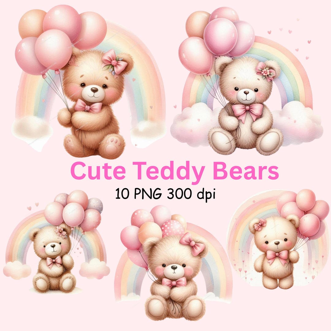 Set of 10 Teddy Bear Pink Balloon Rainbow PNG Baby Shower Clipart ...